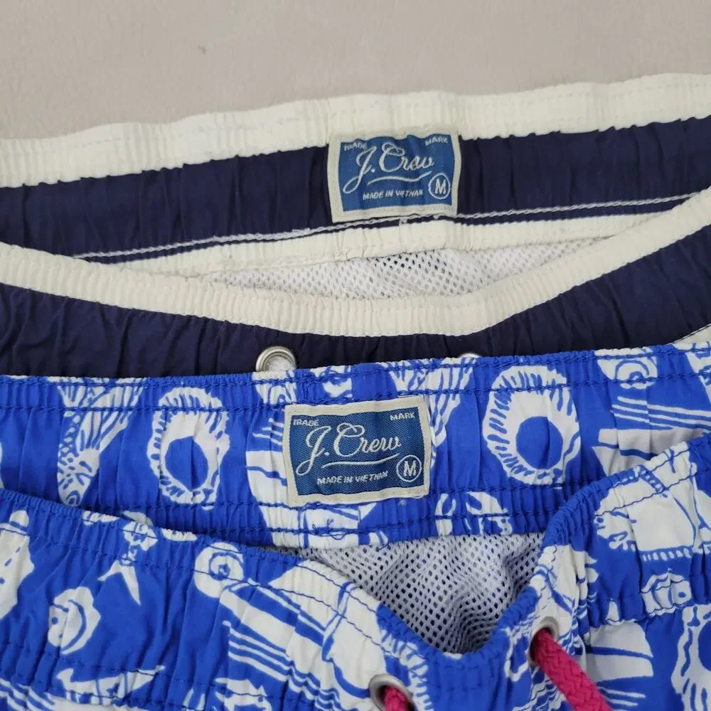 Lot (2) J Crew Swim Trunks Shorts Mens M Navy Blue Striped Mesh Lined Swimsuit